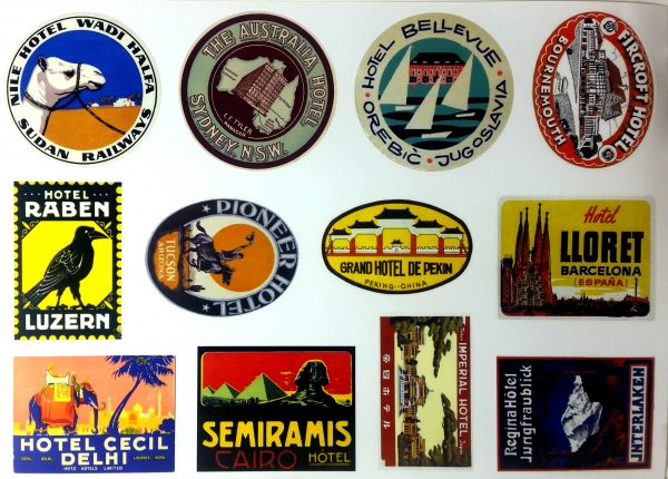 Large Brown Travel Suitcase with Hotel Stickers