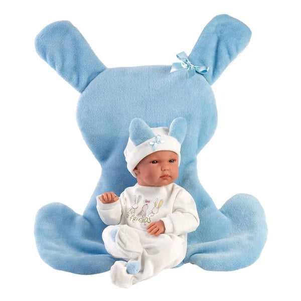Llorens articulated doll 35 cm –Bimbo with bunny-shaped changing cushion