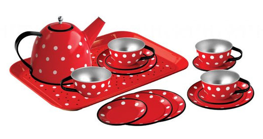 TIN TEA SET RED POLKADOT IN RED SUITCASE