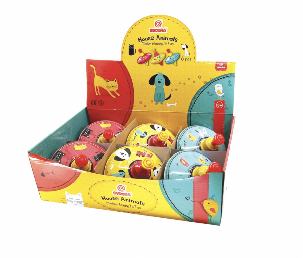 Svoora Complete Display with 6 Medium Humming Tin Tops ‘House Animals’