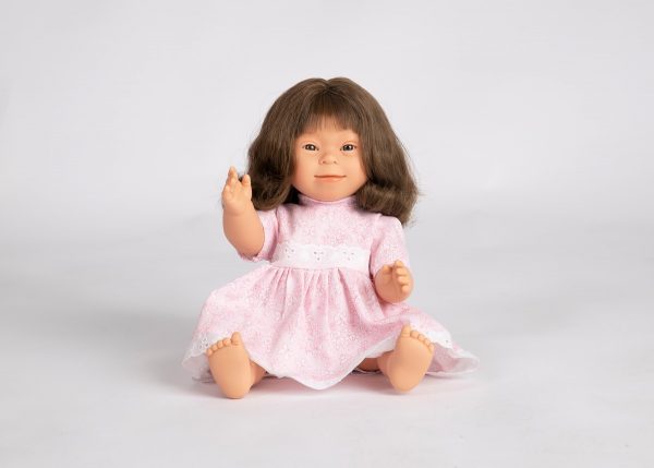 DOLLS WITH DOWN SYNDROME FEATURES -BRUNETTE GIRL LONG HAIR 40 CM