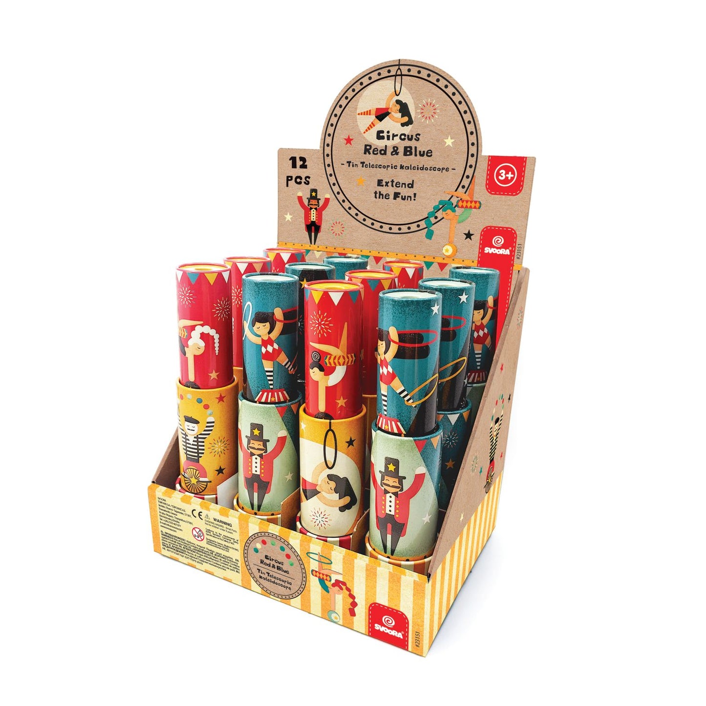 TIN TELESCOPIC KALEIDOSCOPES ‘CIRCUS’ (1 DISPLAY WITH 12 PCS, 2 DESIGNS)