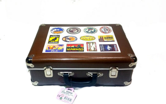 Large Brown Travel Suitcase with Hotel Stickers