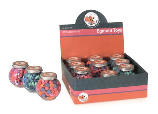 WOODEN BEADS IN A DISPLAY OF 12 JARS ONLY