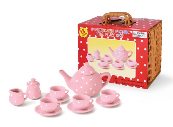 1…..Porcelain tea sets in basket     -Pink Polkadots