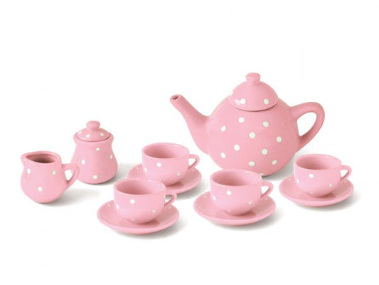 Porcelain Tea Sets in Basket – Pink Polka Dot