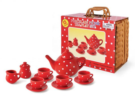 Porcelain Tea Set in Basket – Red Polka Dot