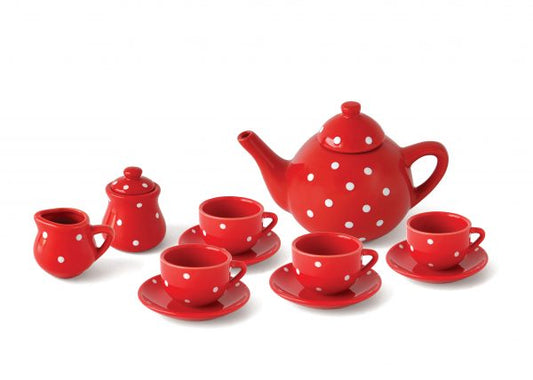 Porcelain Tea Set in Basket – Red Polka Dot