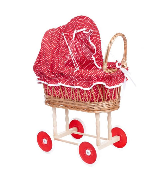 WICKER PRAM, RED & WHITE DOTS.  520058