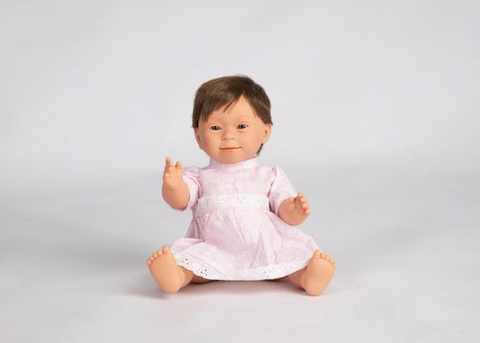Dolls with Down Syndrome features-  Baby doll girl 40 cm BRUNETTE SHORT HAIR