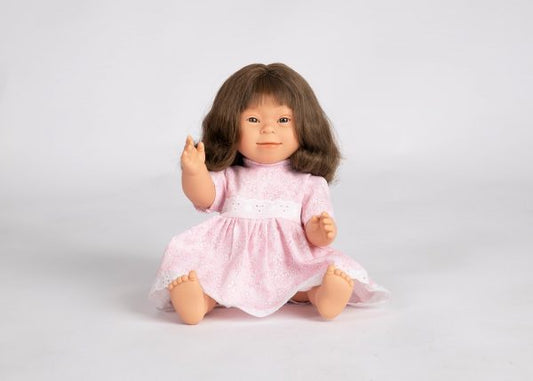 DOLLS WITH DOWN SYNDROME FEATURES  -BRUNETTE GIRL LONG HAIR  40 CM