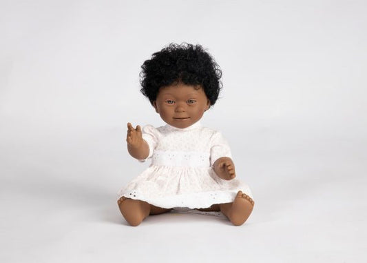 DOLL WITH DOWN SYNDROME AFRICAN GIRL WITH LONG CURLEY HAIR 40 CM