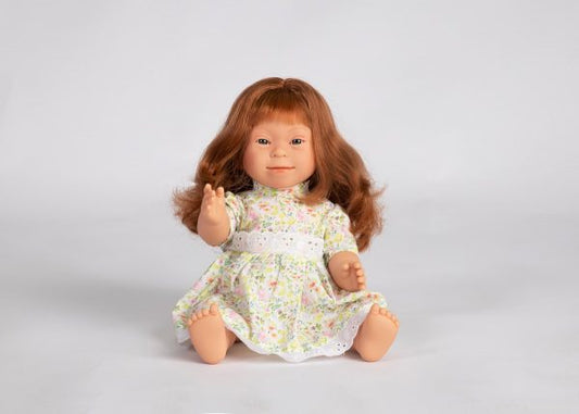 BABY DOLL WITH DOWN SYNDROME FEATURES 40 CM GIRL REDHEAD LONG HAIR Blue eye